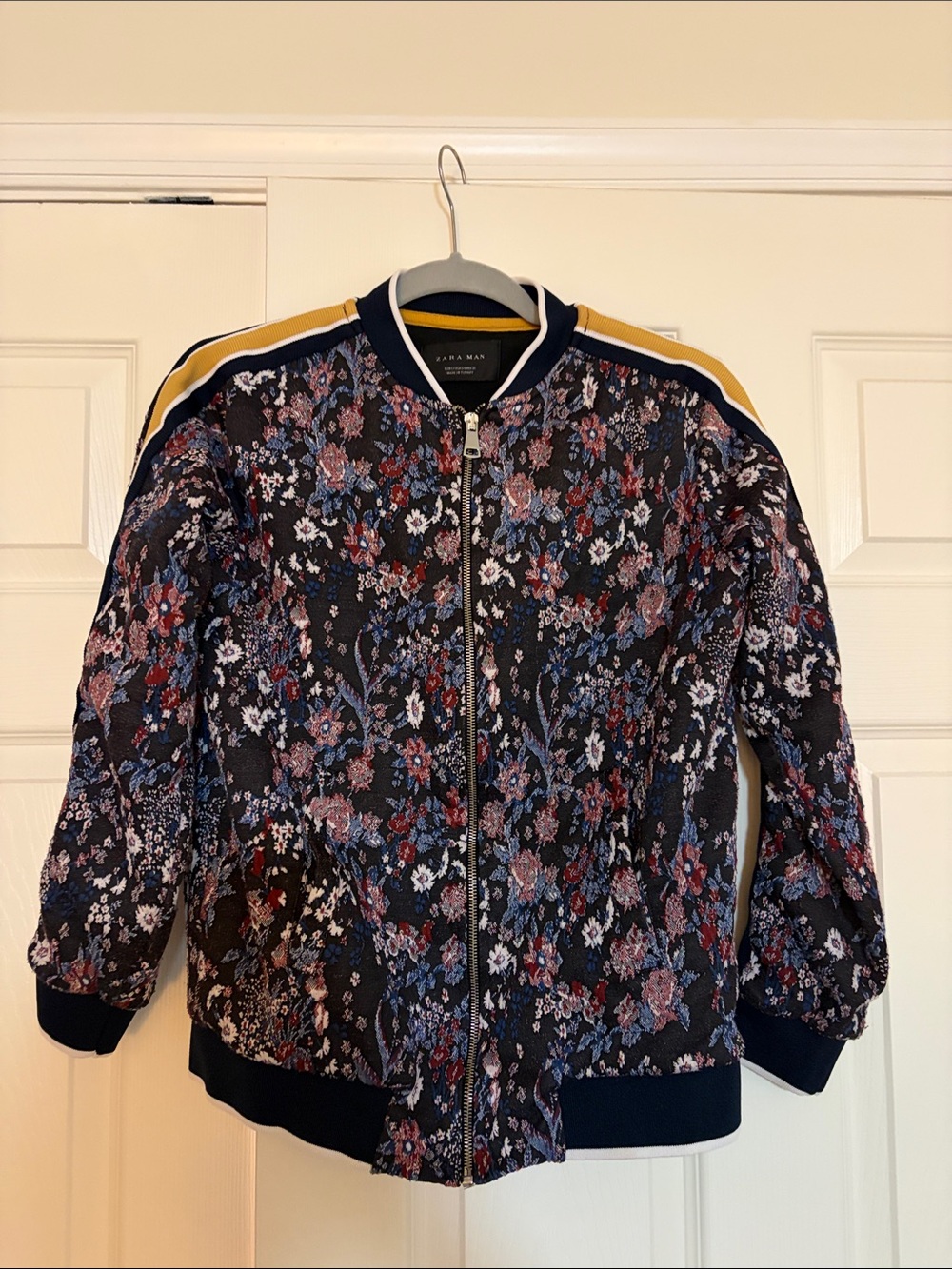 Zara Floral Navy Bomber Jacket with Mustard Stripes